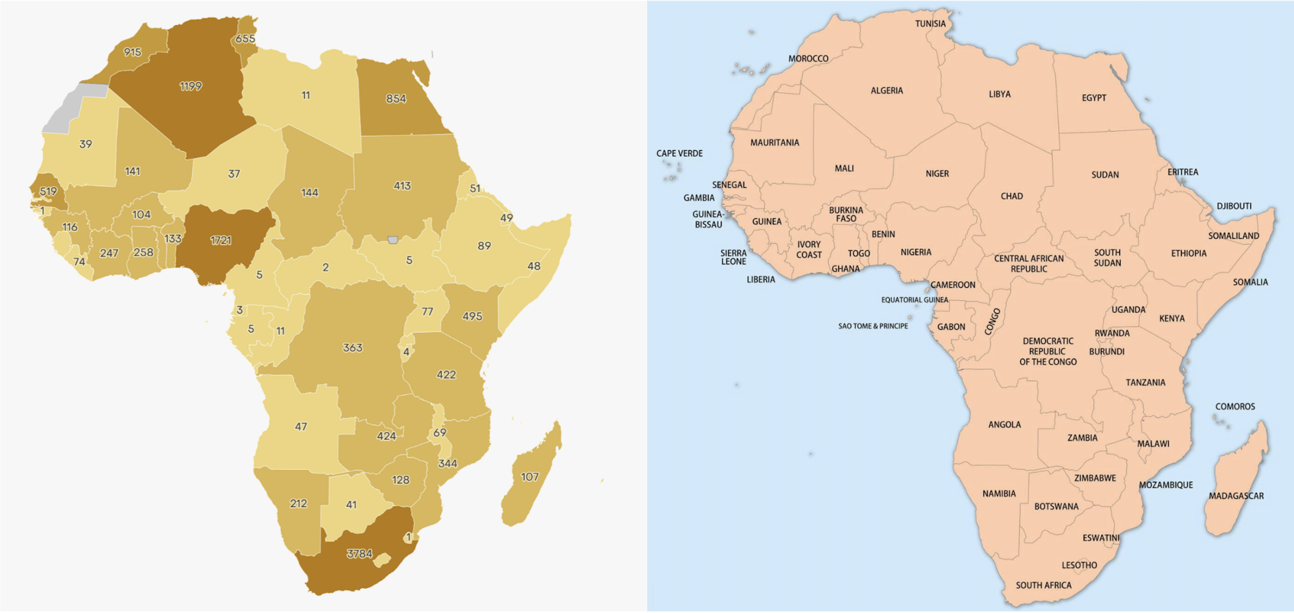 On the left: A map indicating the respective solar panel imports of African nations in the 12 months leading up to June 2025 (source: Ember).On the right: A detailed map of Africa to make it easy to identify each country's solar panel imports.